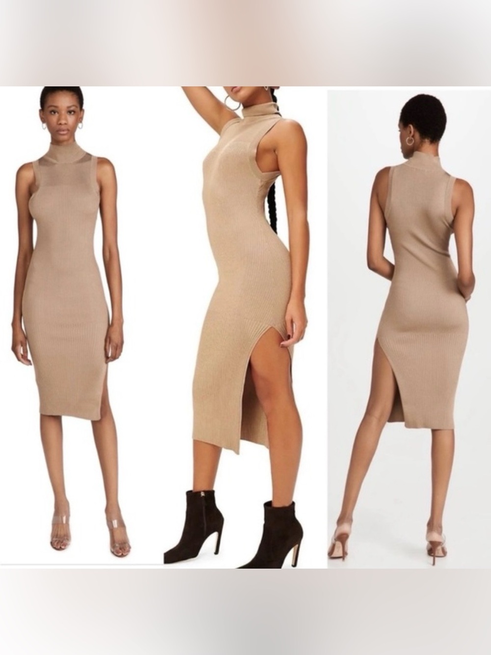 Good American Sleeveless High-Neck Midi Dress in Camel size 3/4